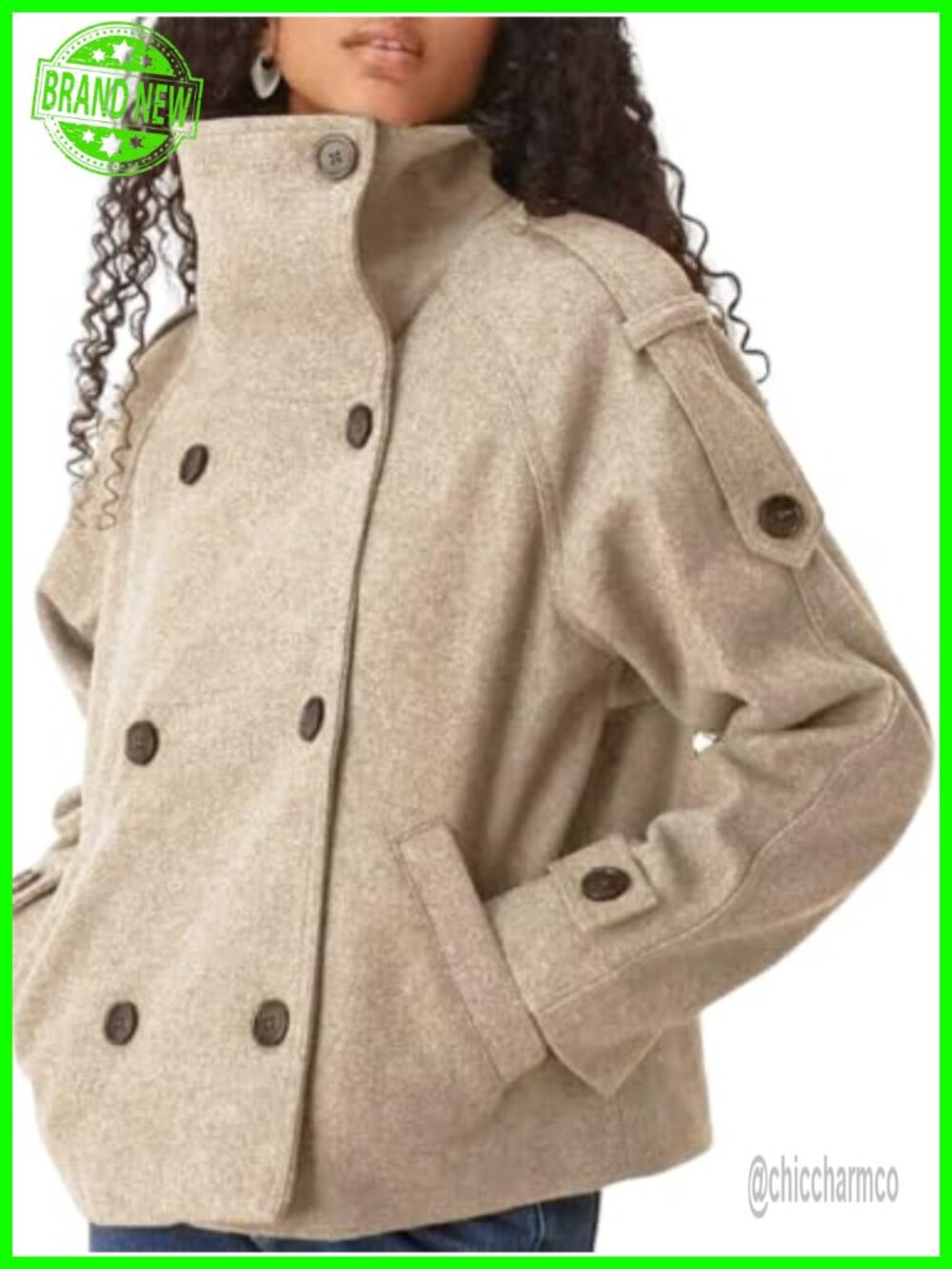 Cropped Wool Blend Pea Coat Double Breasted Trench Jacket